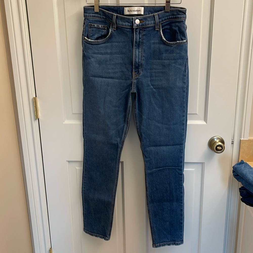 EUC Reformation high rise blue jeans slight distressing 30”